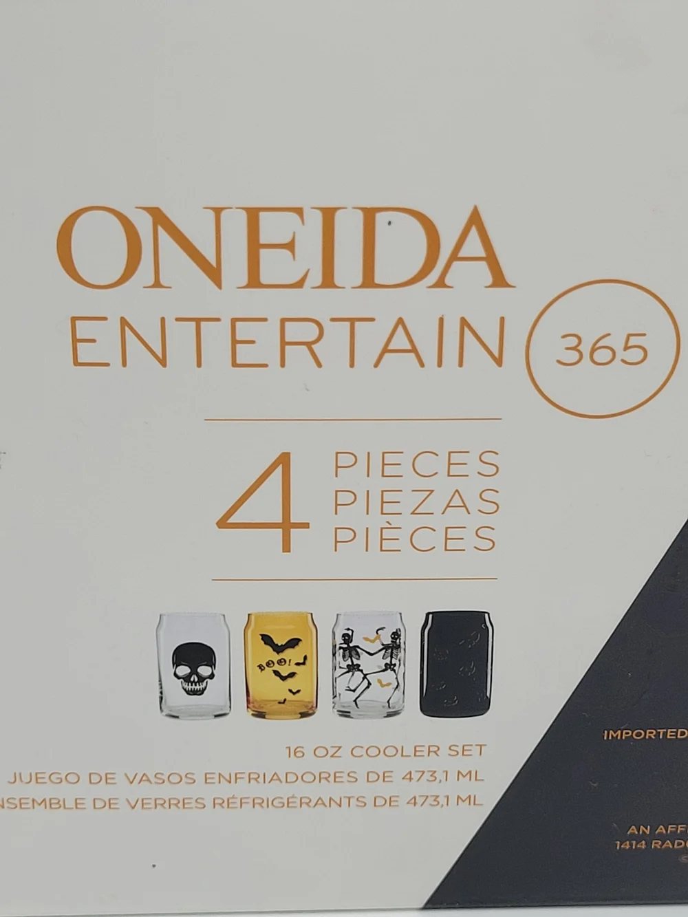 Oneida Vintro Halloween Glass Tumbler Set 4 Clear Black Skull Bat Skeleton NEW
